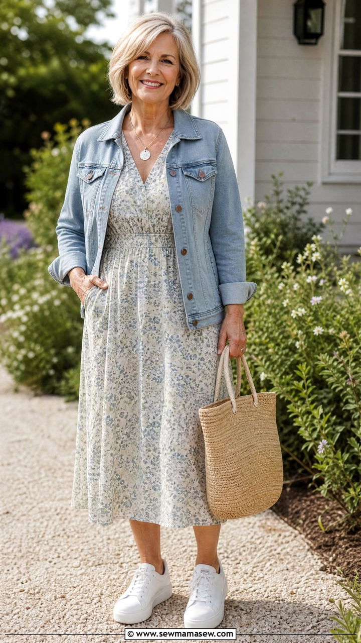 Floral midi dress and denim jacket outfit - 30 Coastal grandmother outfits for women over 60