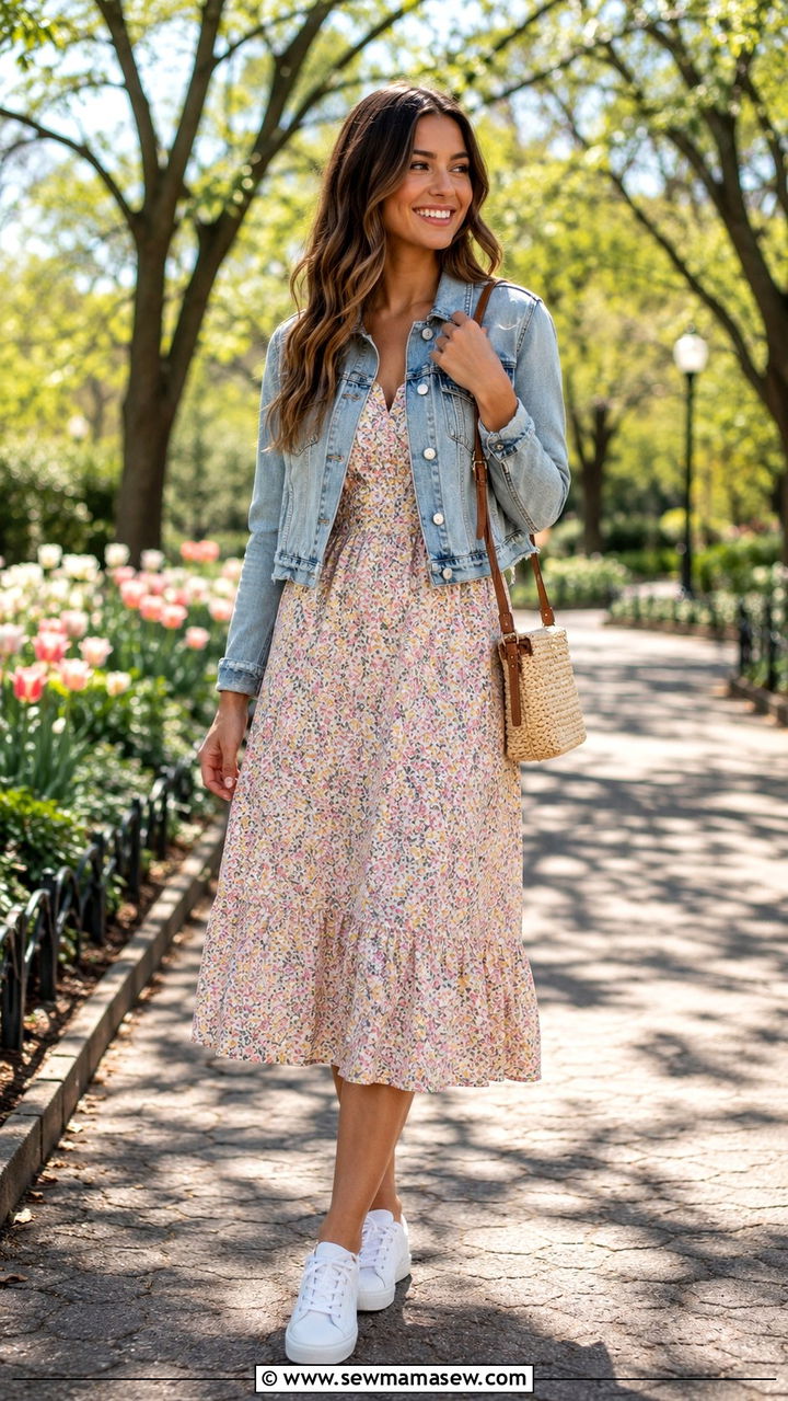 Floral midi dress and denim jacket outfit - 30 Pinterest outfits for women