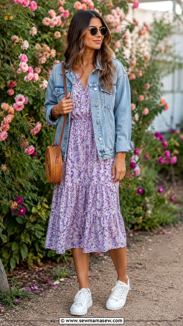 Floral midi dress and denim jacket outfit with sunglasses - 30 Spring outfits with sunglasses