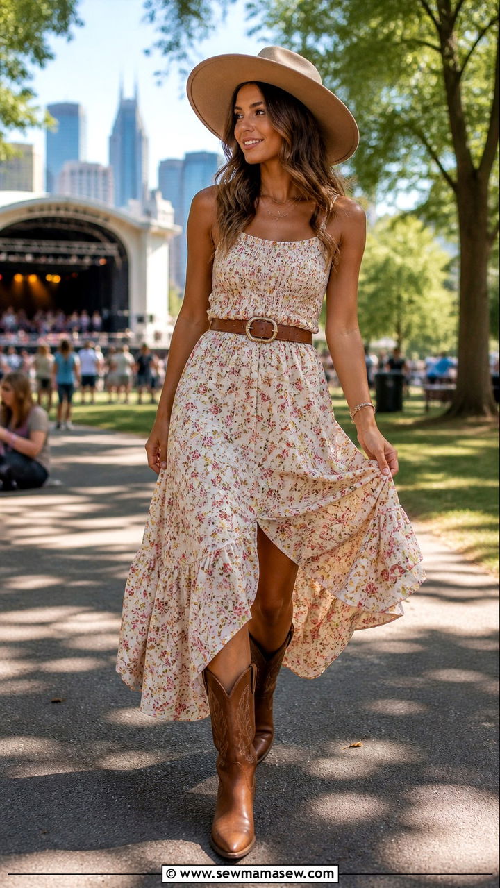 Floral midi dress and denim jacket with ankle boots - 40 What to wear in Nashville