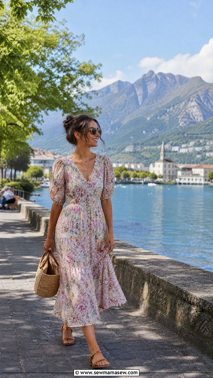 Floral midi dress and flat sandals Lucerne - 35 Lucerne outfit ideas