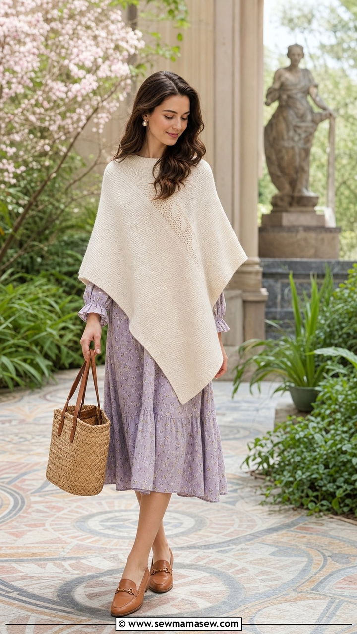 Floral midi dress and knit poncho with loafers outfit - 25 spring light academia outfits