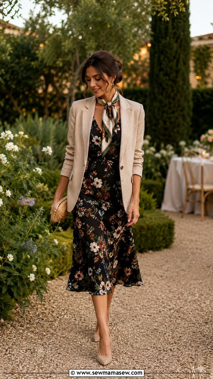Floral midi dress and linen blazer outfit - 30 Hot day cool night outfit ideas