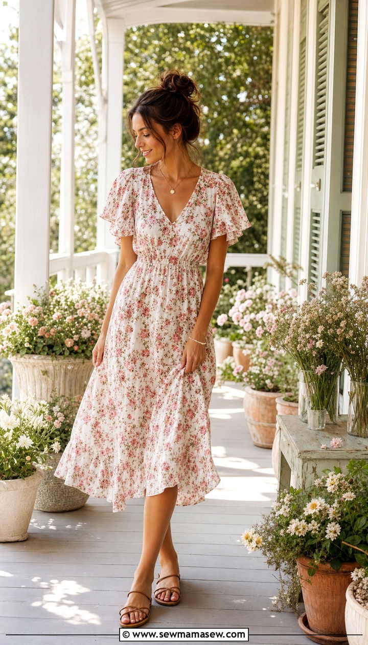 Floral midi dress and simple sandals - 25 Summer at home outfit ideas