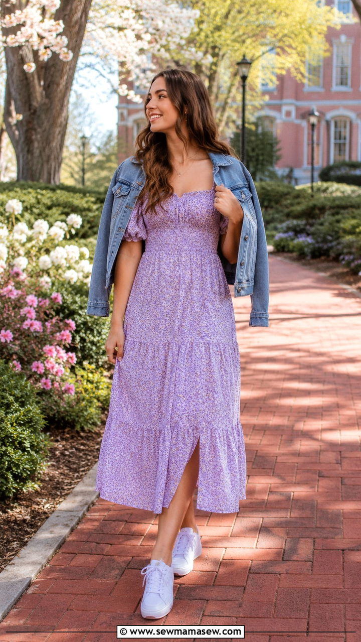 Floral midi dress and white sneakers outfit - 30 spring college outfit ideas