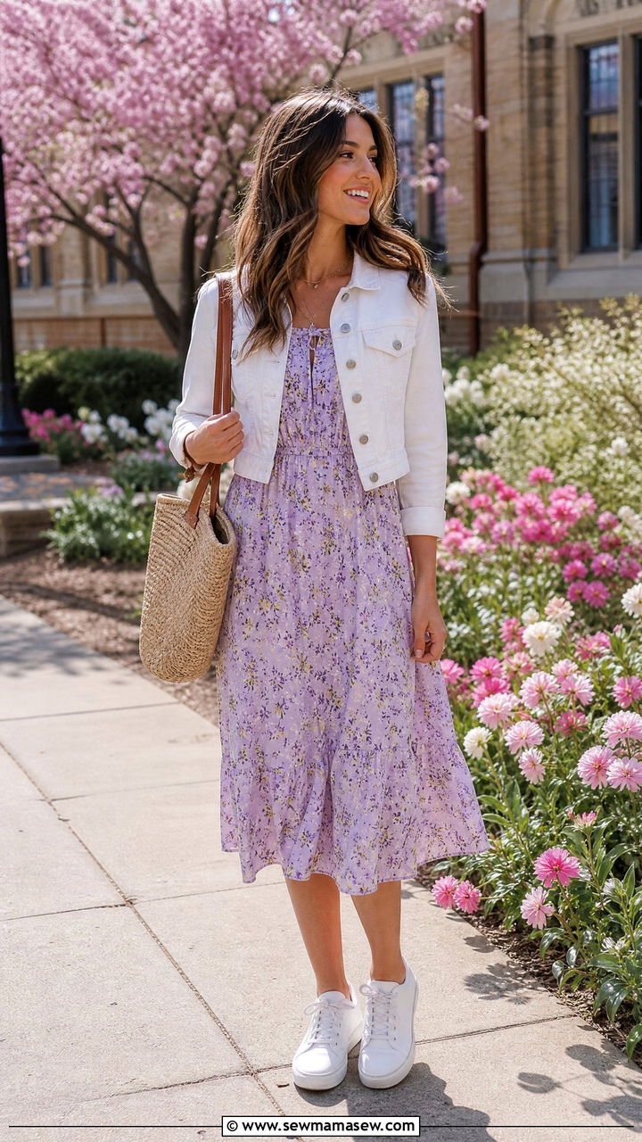 Floral midi dress and white sneakers outfit - 30 college outfits inspo