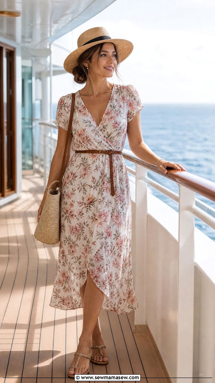 Floral midi dress for sea day brunch - 25 Celebrity cruise outfit ideas
