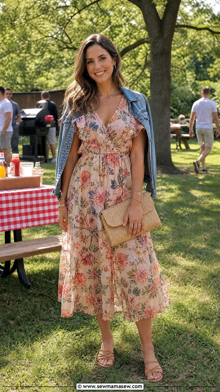 Floral midi dress for summer reunion - 25 High school reunion outfit ideas
