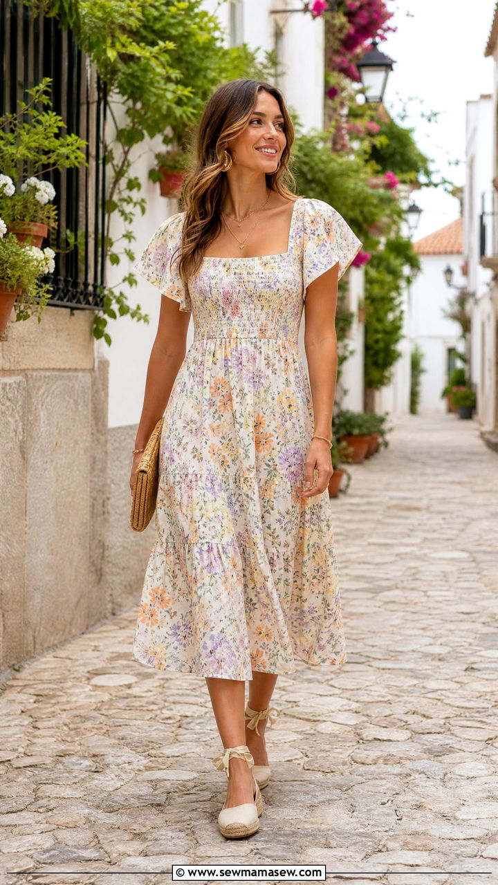 Floral midi dress outfit with espadrilles - 25 March Spring Break outfit ideas
