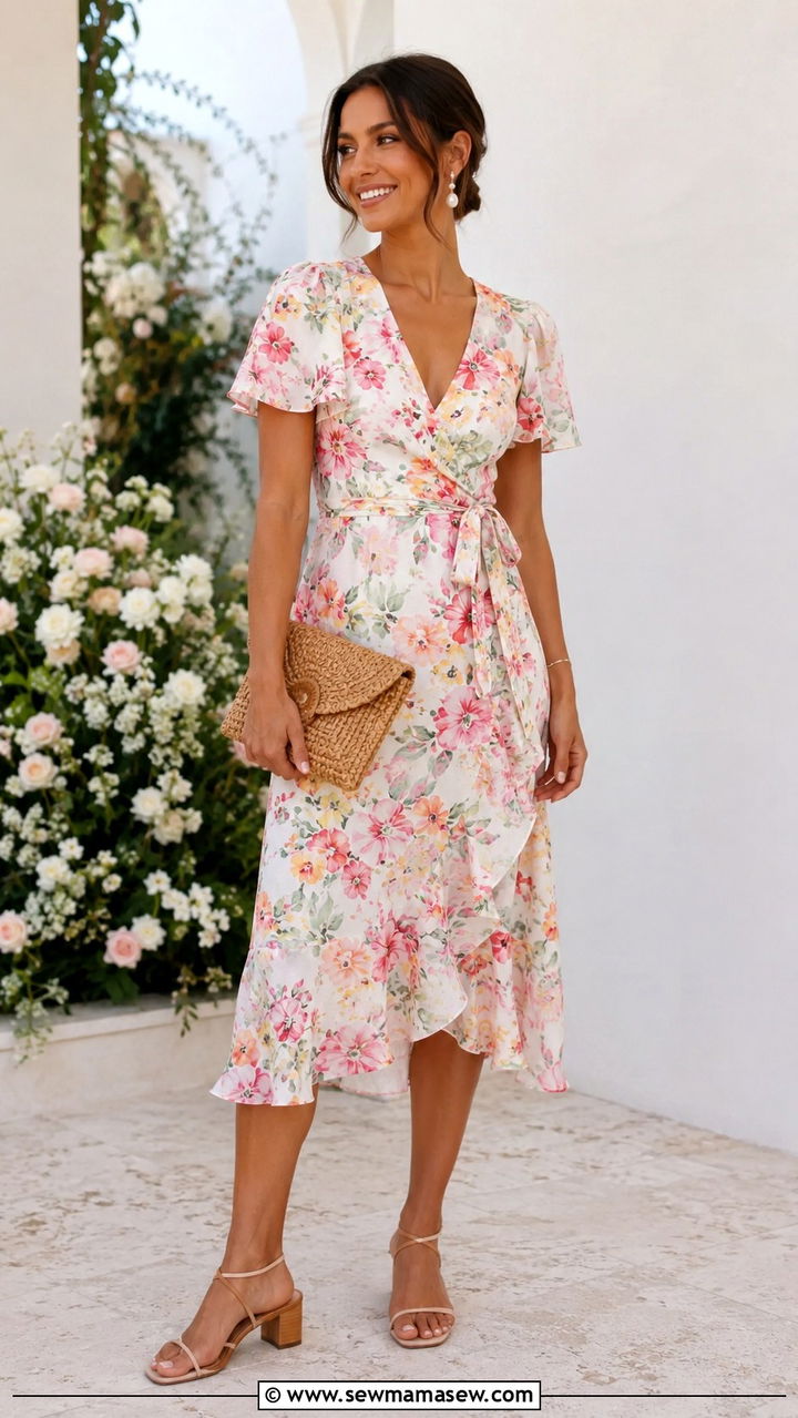 Floral midi dress summer wedding guest - 25 seasonal summer wedding guest outfit ideas