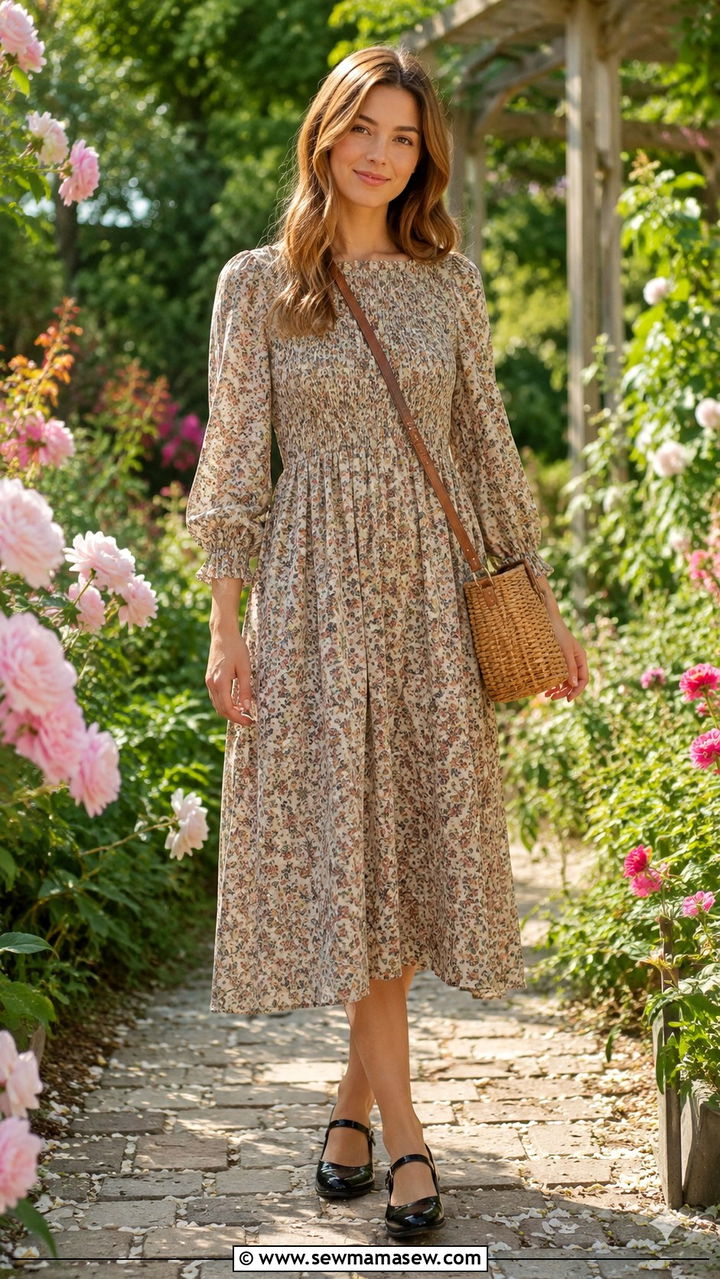 Floral midi dress with Mary Jane shoes - 30 Grandma chic outfit ideas