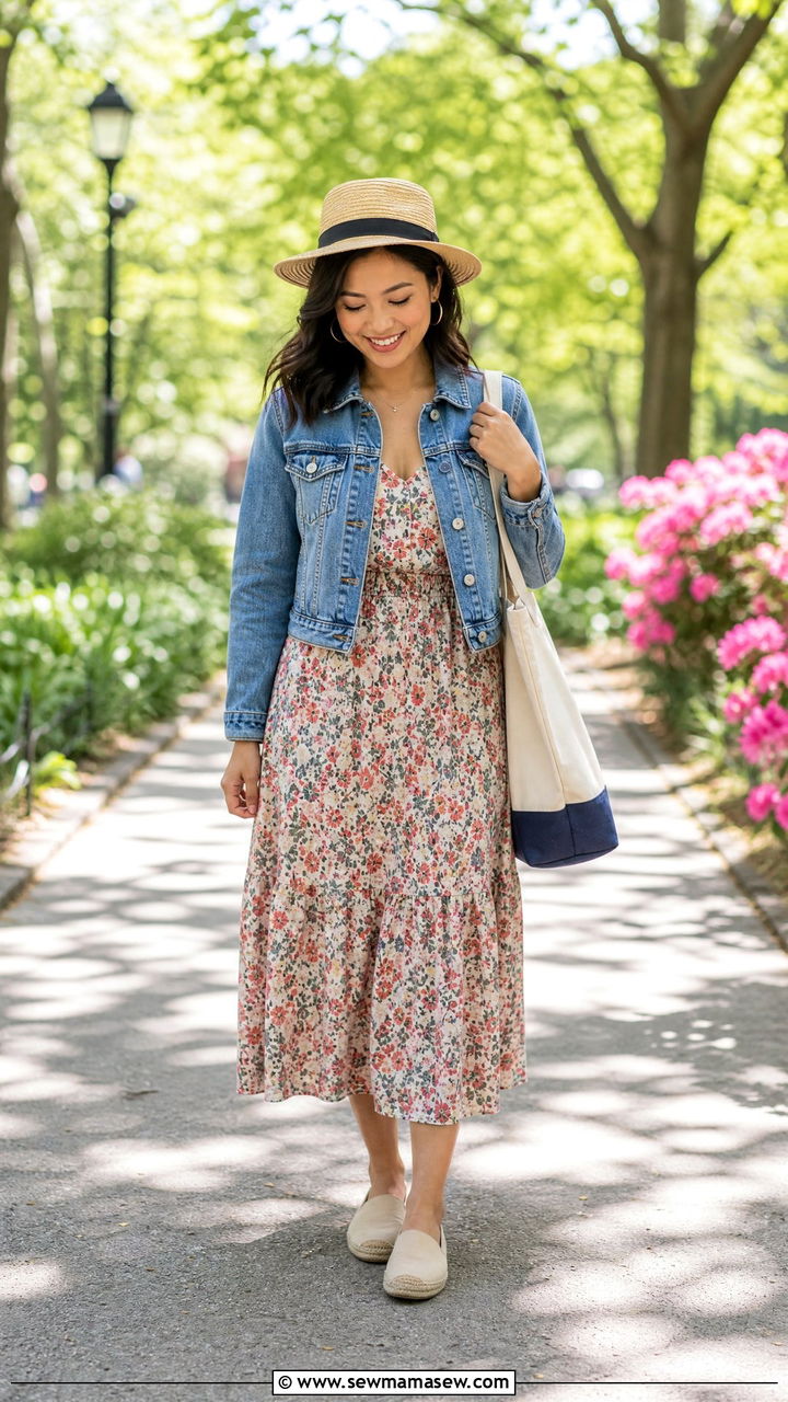 Floral midi dress with a cropped denim jacket - 30 Boho outfit ideas petite