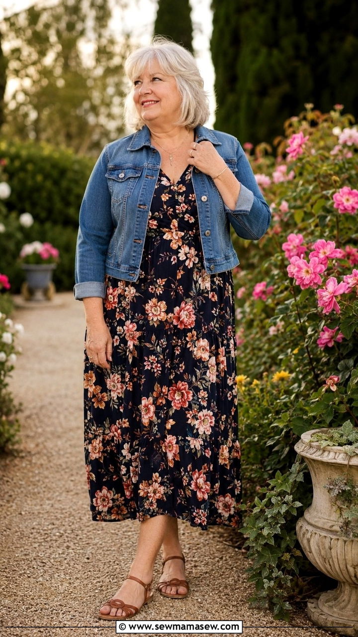 Floral midi dress with a cropped denim jacket and flat sandals - 30 Plus size outfit ideas for women over 60