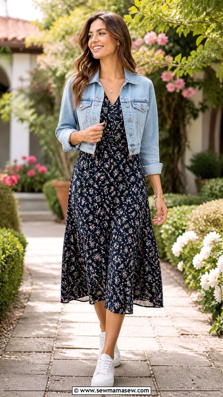 Floral midi dress with a cropped denim jacket and sneakers - 40 spring casual outfit ideas