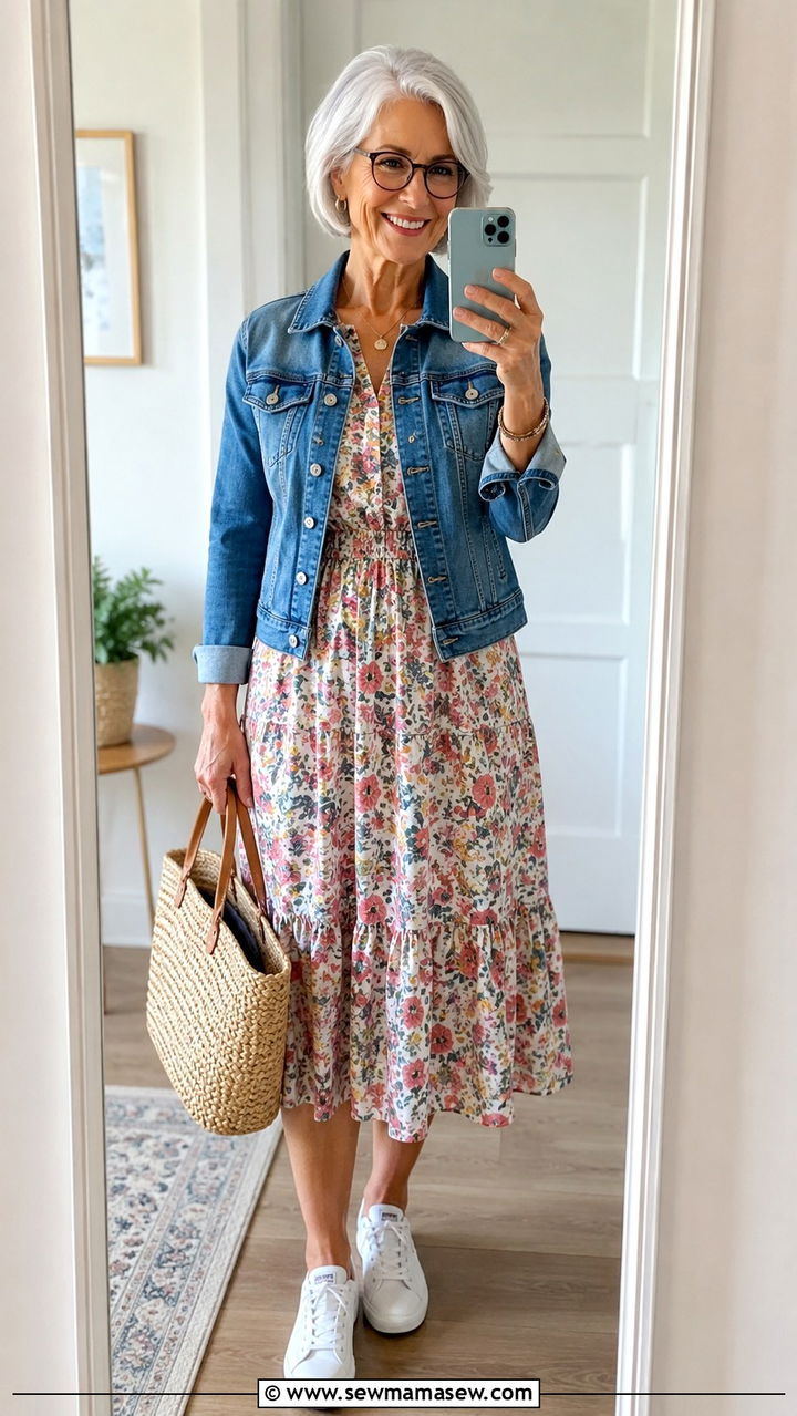 Floral midi dress with a denim jacket - 30 Chic outfits for women over 60