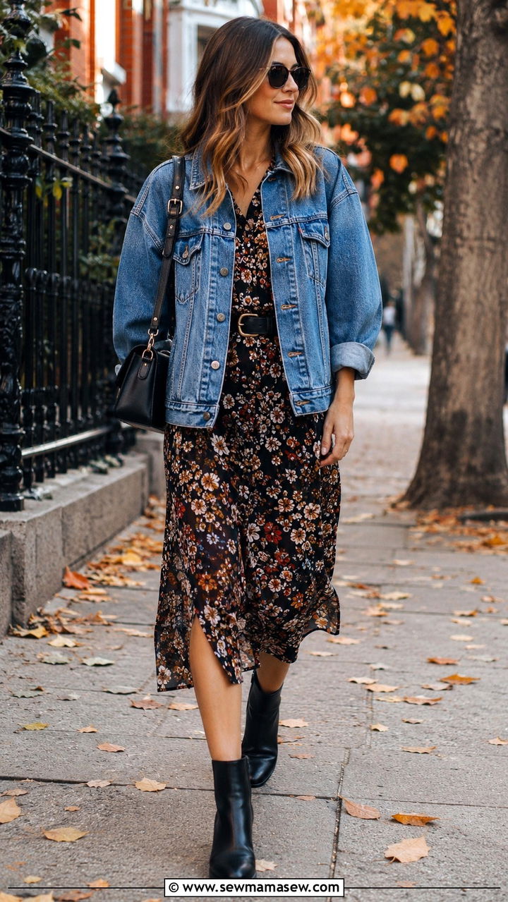 Floral midi dress with a denim jacket and ankle boots - 30 Midi dress outfit ideas with a denim jacket