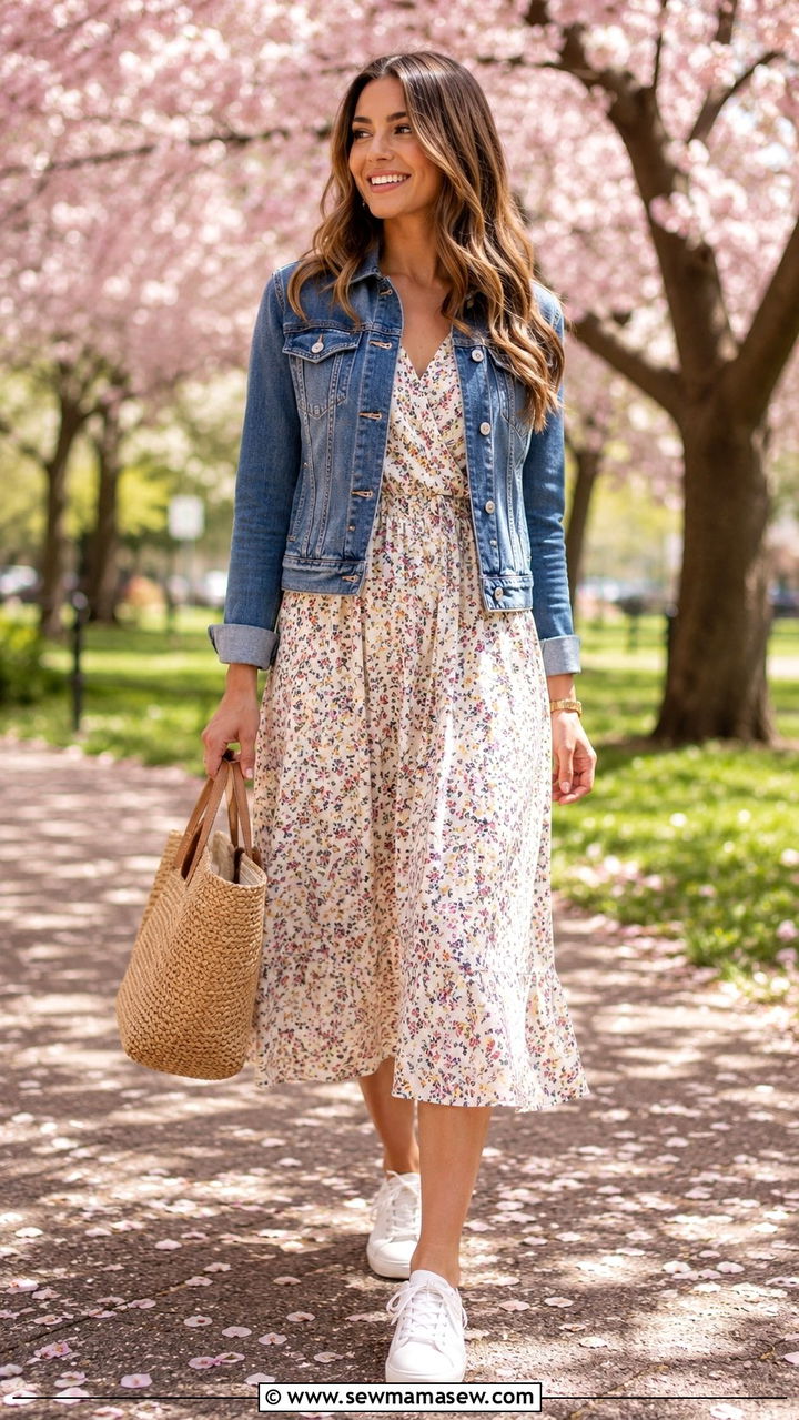 Floral midi dress with a denim jacket and white sneakers - 30 Spring capsule wardrobe
