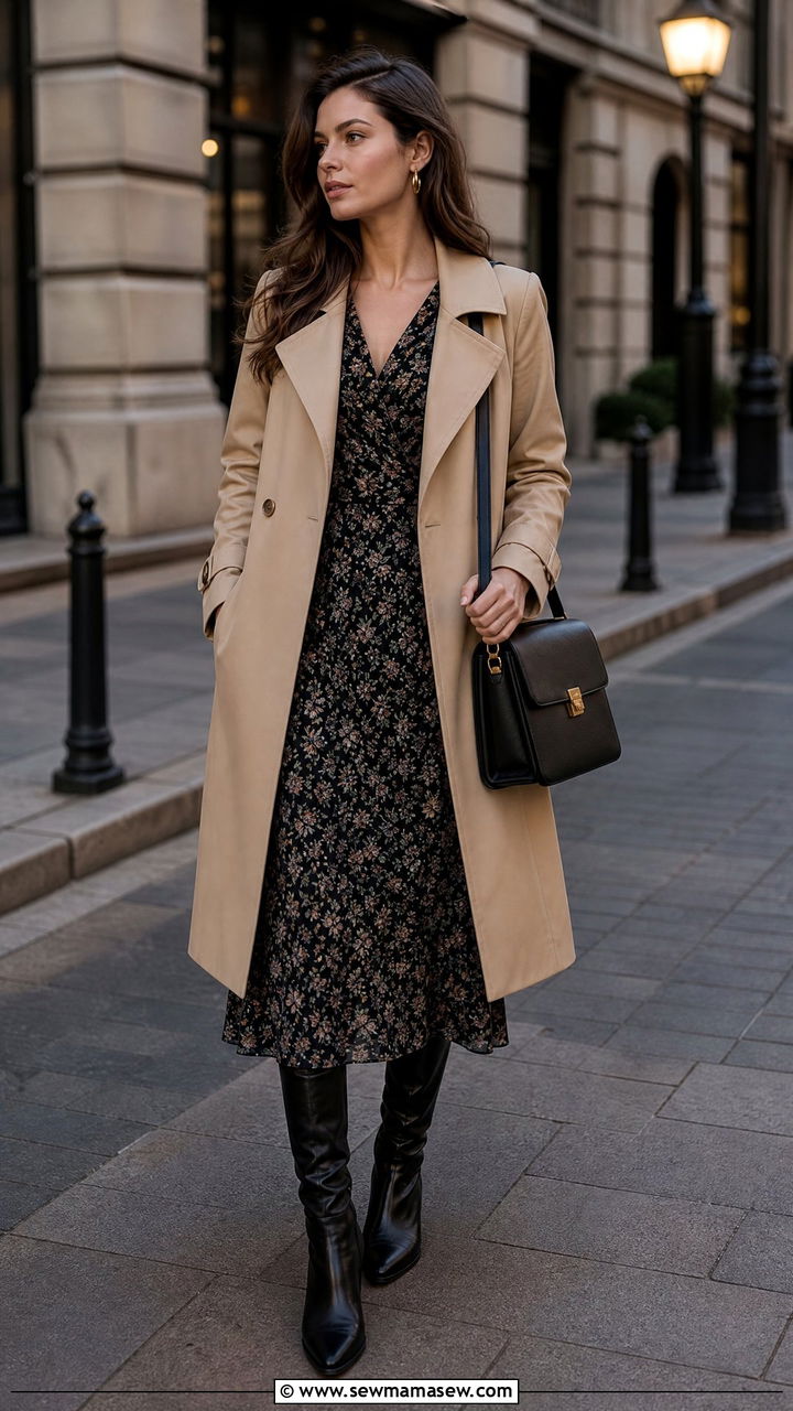 Floral midi dress with a tailored trench coat - 25 fashion inspo outfits 2026