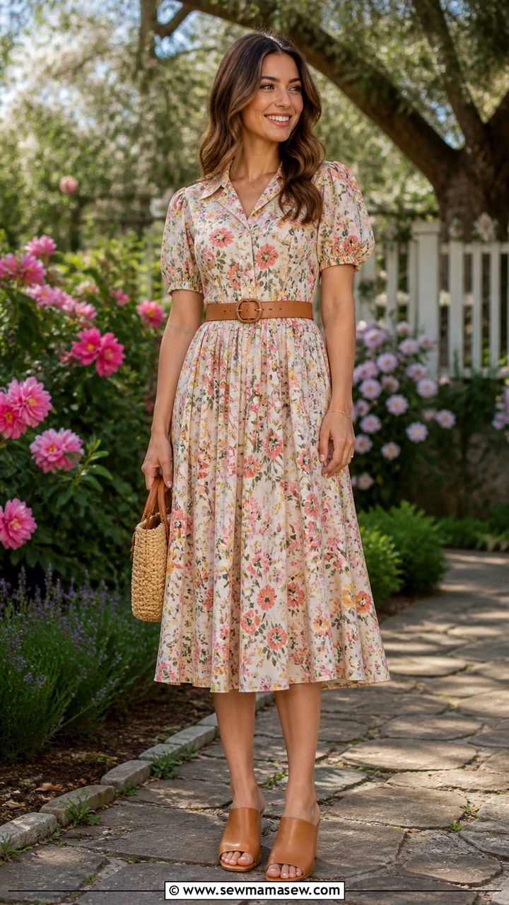 Floral midi dress with a tan leather belt and mules - 40 What to wear in spring