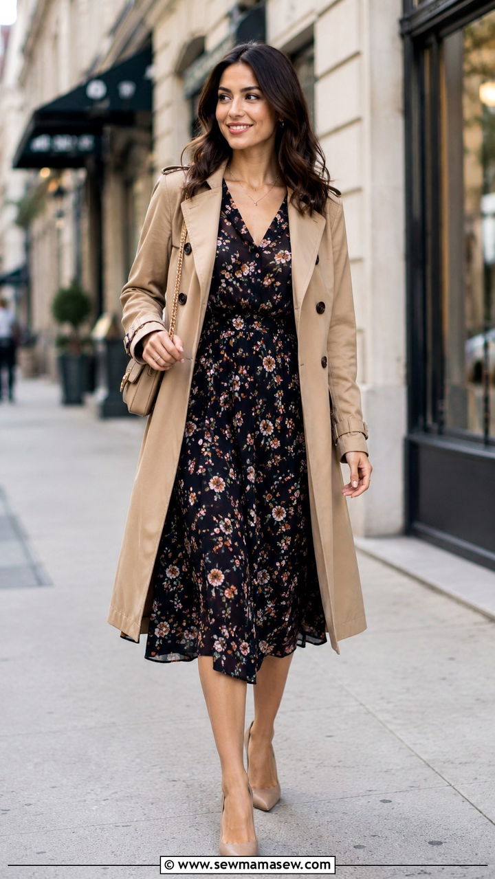 Floral midi dress with a tan trench coat - 25 Petite work outfit ideas with dress