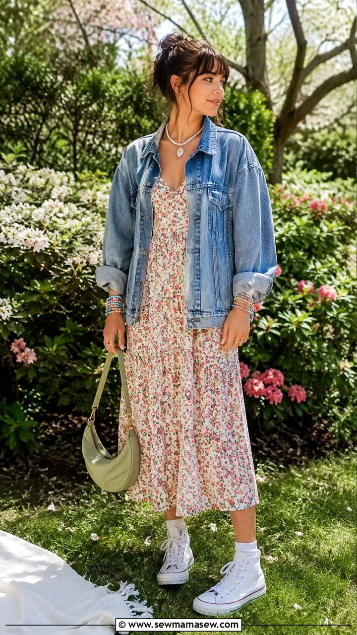 Floral midi dress with an oversized denim jacket - 30 Indie girl outfit ideas