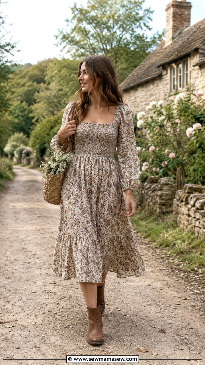 Floral midi dress with ankle boots - 30 spring cottagecore outfit ideas