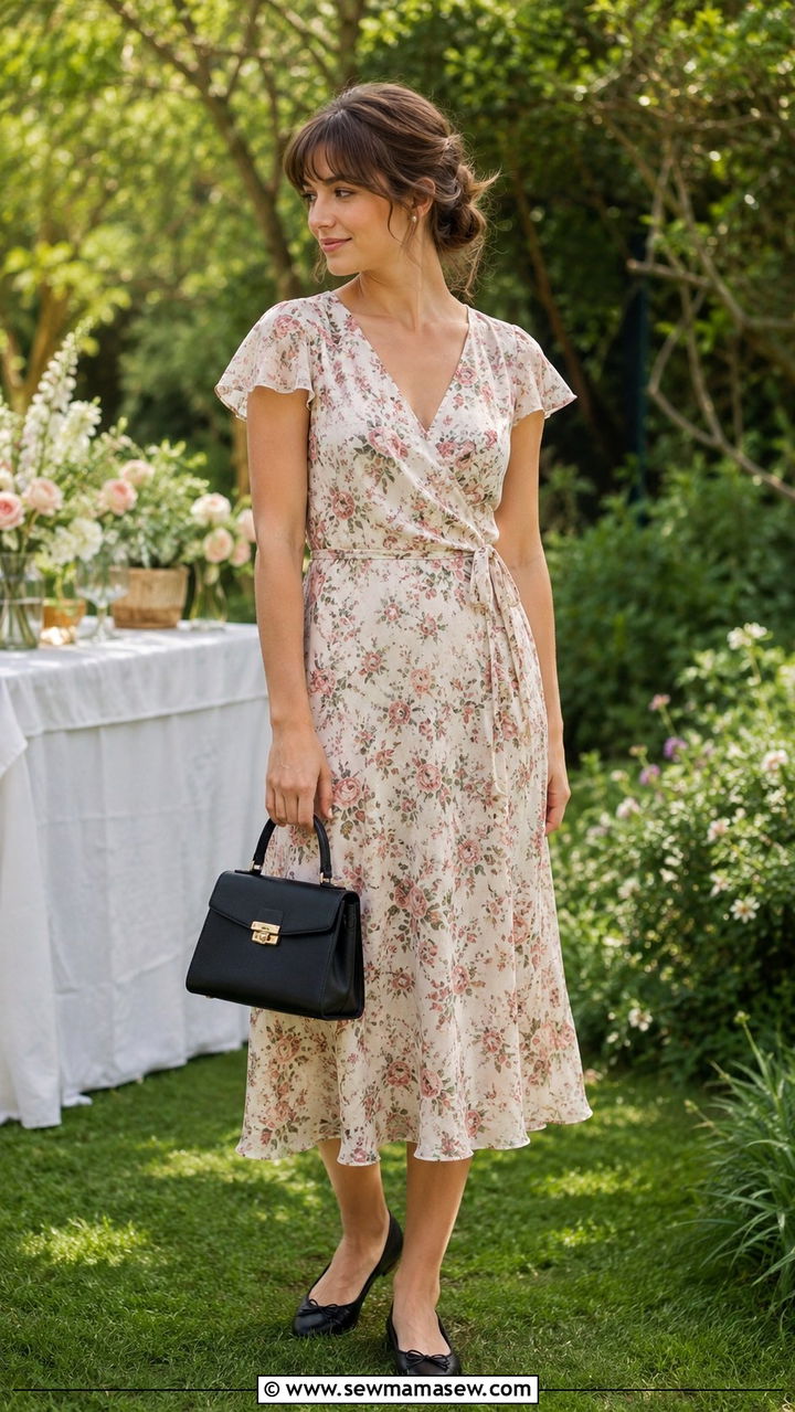 Floral midi dress with ballet flats and a structured handbag - 25 Petite French girl outfit ideas