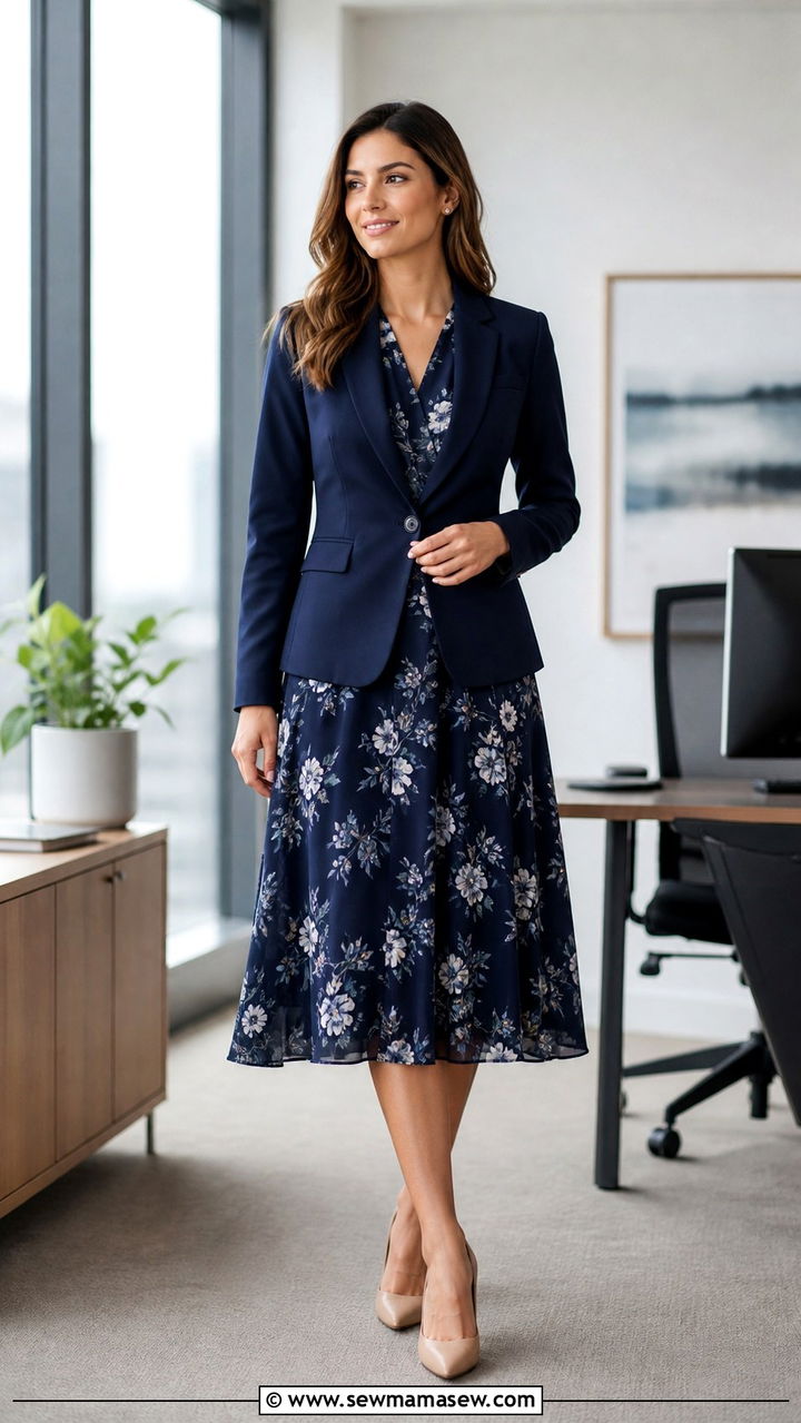 Floral midi dress with blazer office outfit - 40 office outfits 2026