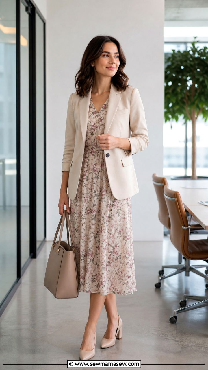 Floral midi dress with blazer spring office outfit - 40 Spring office outfit ideas