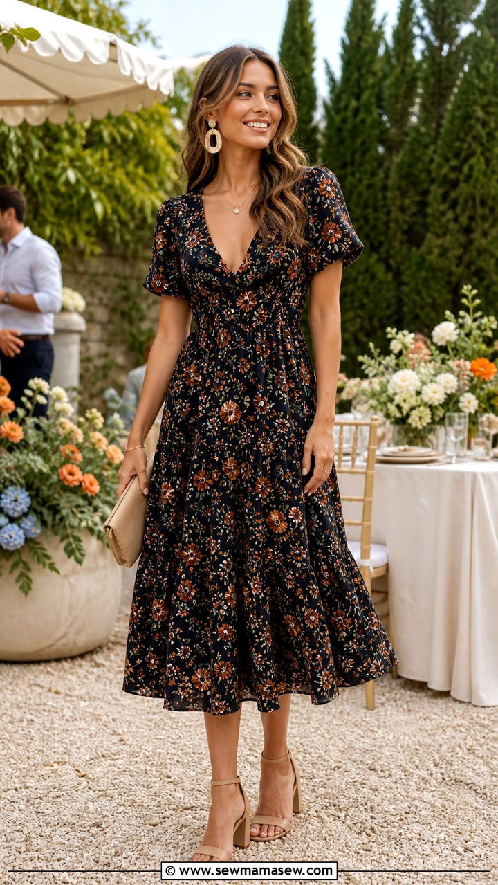 Floral midi dress with block heels and statement earrings - 40 What to wear in summer