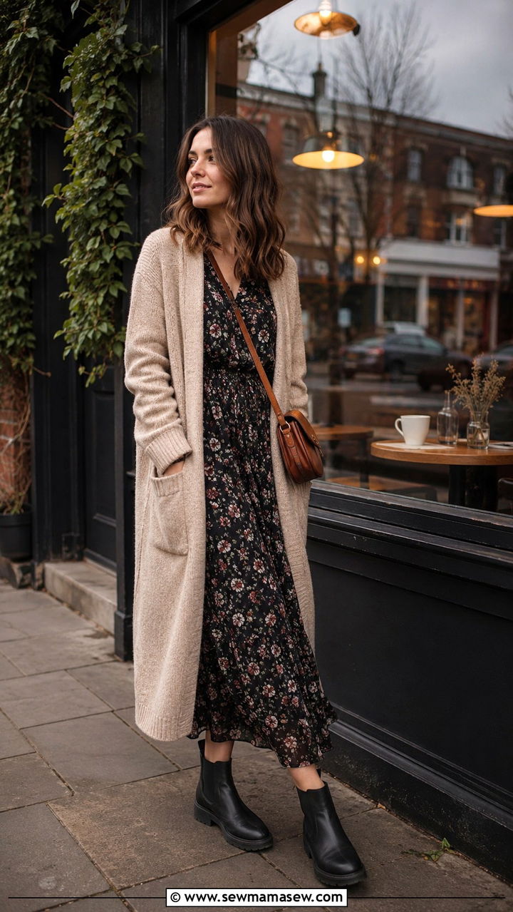 Floral midi dress with cardigan and waterproof Chelsea boots - 30 Overcast day outfit ideas