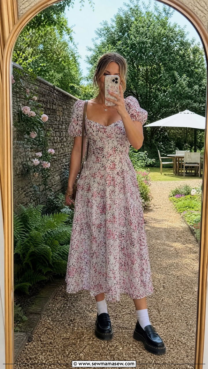 Floral midi dress with chunky loafers - 25 Spring outfits with loafers