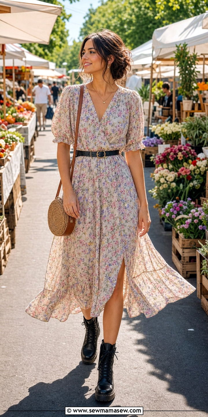 Floral midi dress with combat boots - 25 Summer outfits with combat boots