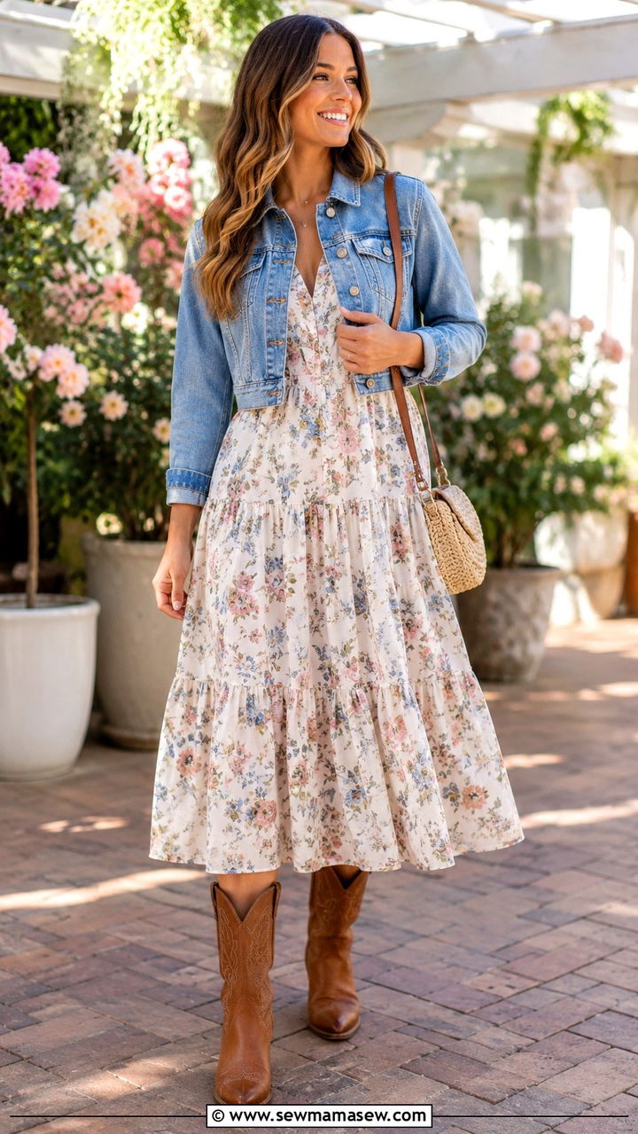Floral midi dress with cowboy boots - 25 Western outfit ideas with cowboy boots