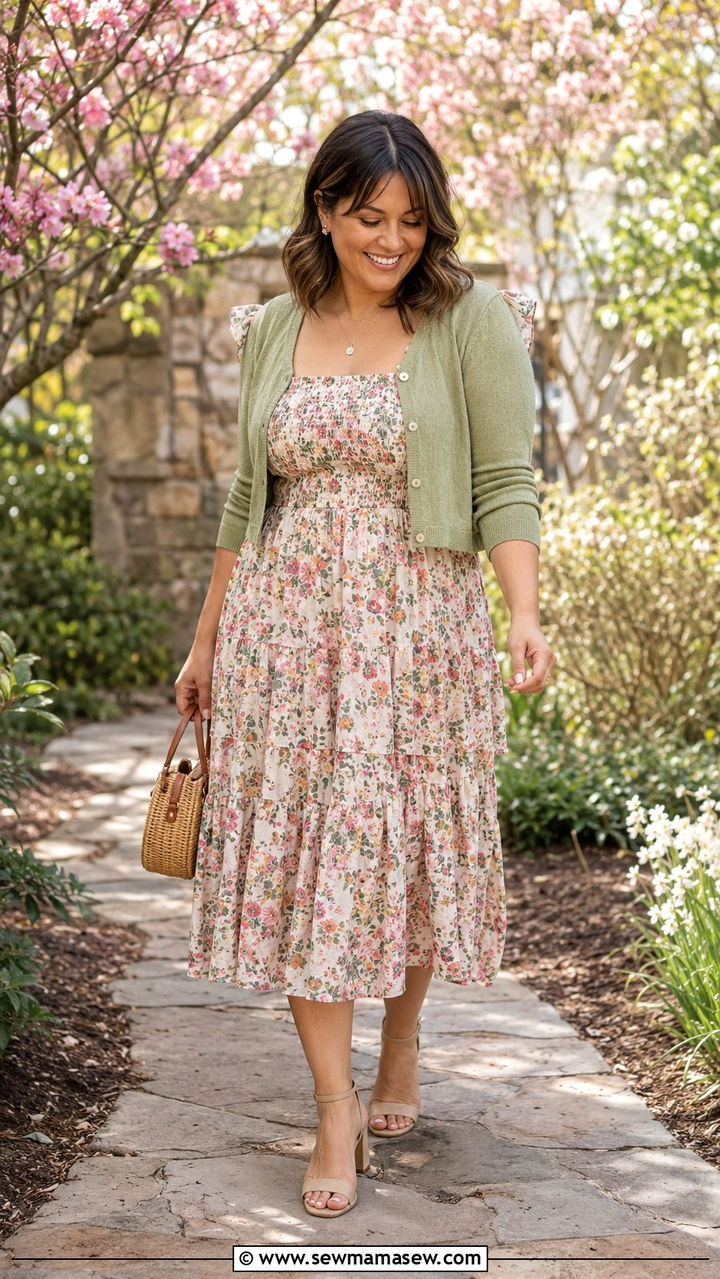 Floral midi dress with cropped cardigan - 30 Travel outfits for midsize women