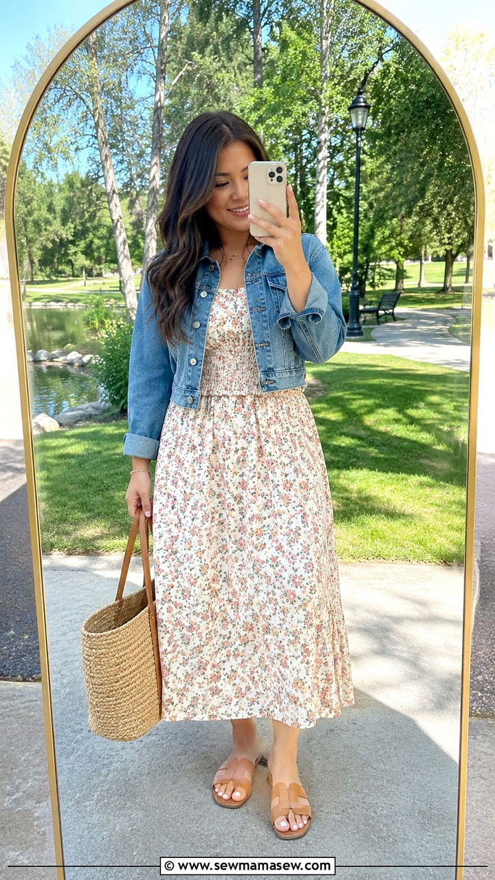 Floral midi dress with cropped denim jacket and flat sandals - 25 Petite outfit ideas for moms