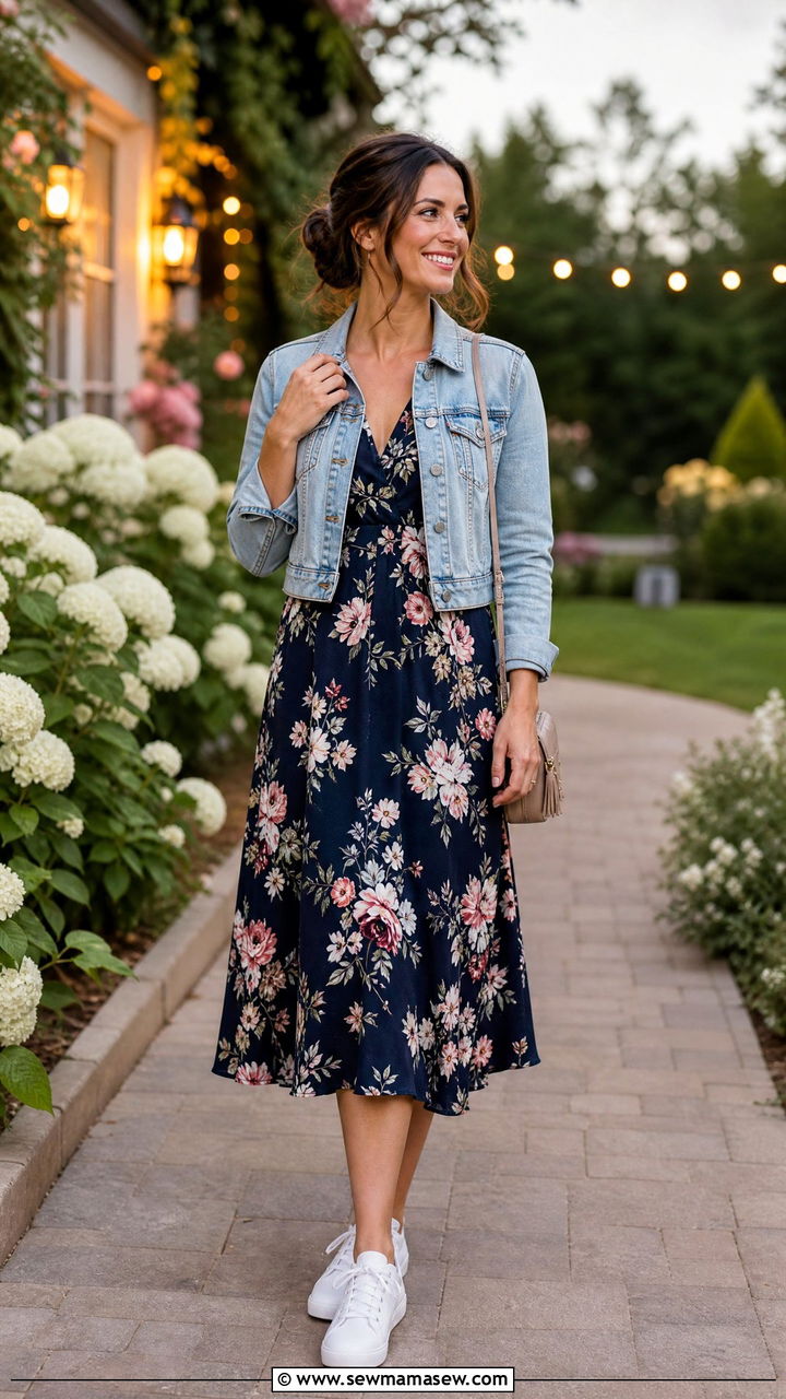 Floral midi dress with cropped denim jacket outfit - 30 Summer outfit ideas for realtor