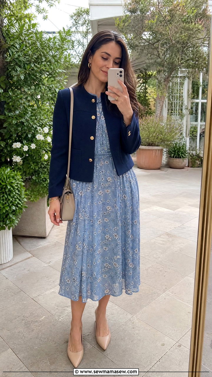 Floral midi dress with cropped jacket - 35 Job interview outfits for women