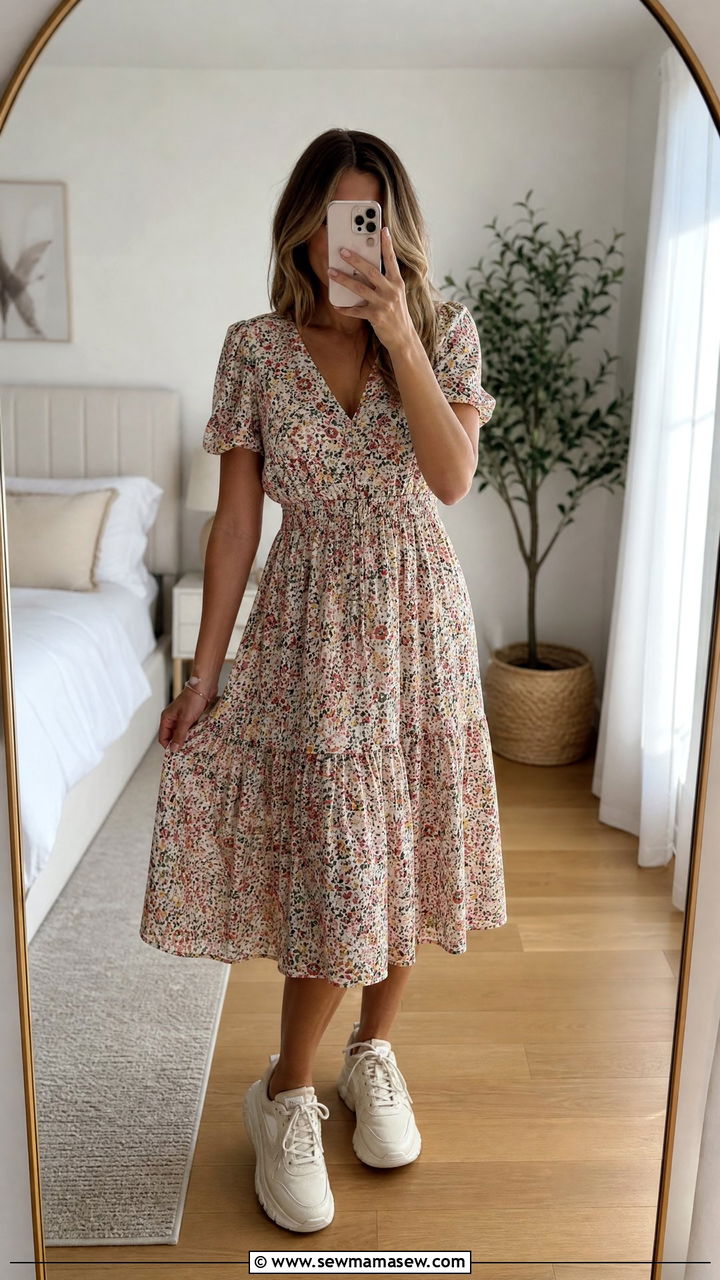Floral midi dress with dad sneakers - 30 summer 90s outfit ideas