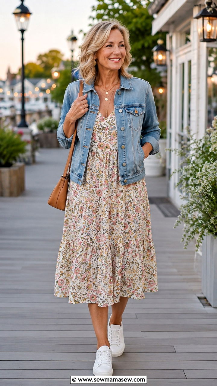 Floral midi dress with denim jacket - 30 Boho outfits for women over 50