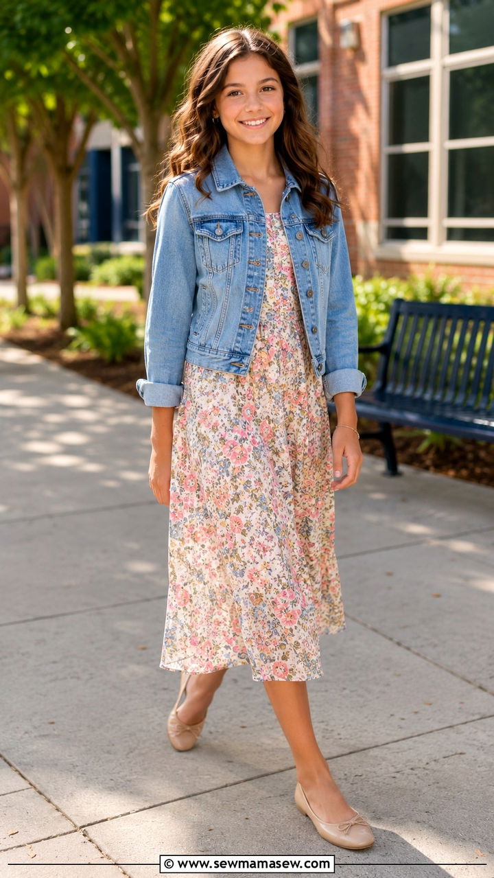 Floral midi dress with denim jacket - 30 Middle school picture day outfit ideas