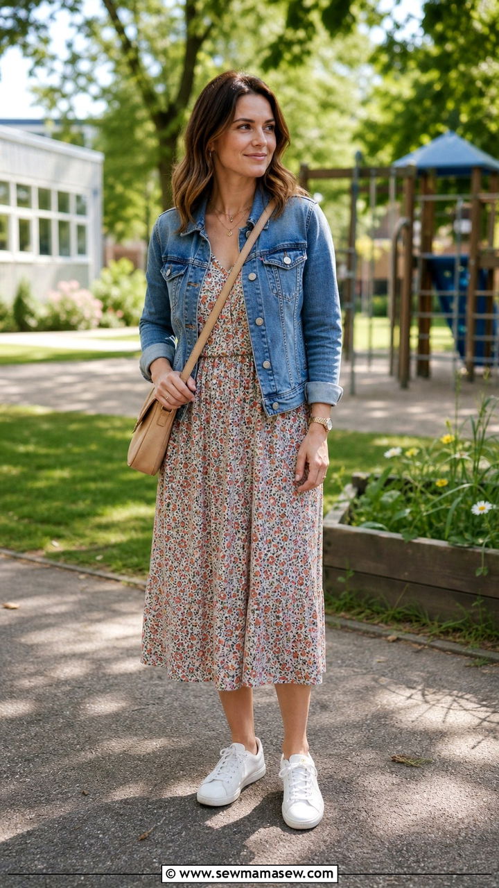 Floral midi dress with denim jacket - 40 classy teacher outfits