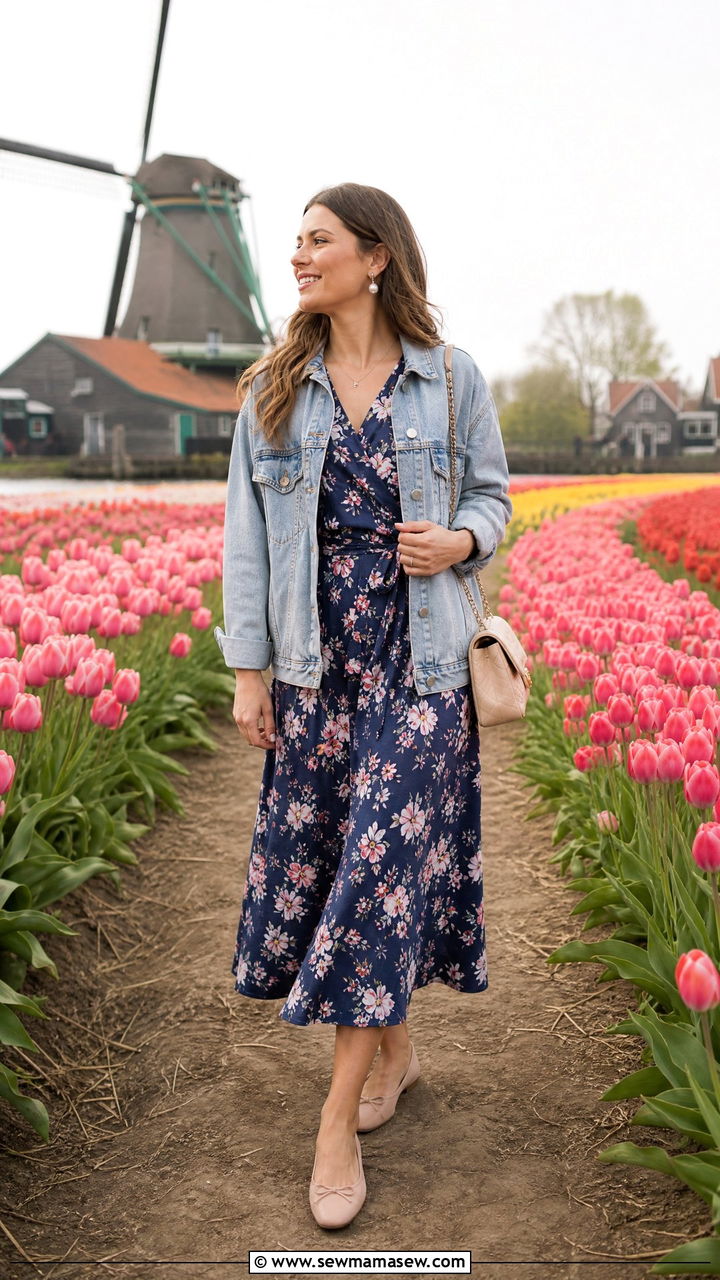 Floral midi dress with denim jacket and flats - 30 cute Europe travel outfits