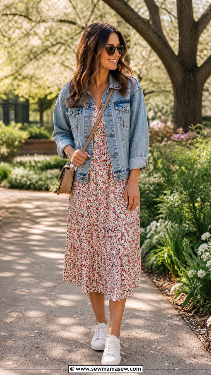 Floral midi dress with denim jacket and white sneakers - 40 midi dress outfit ideas