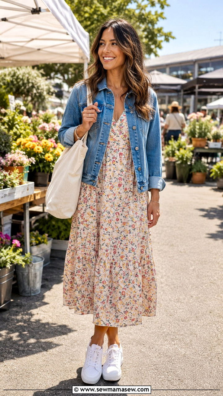 Floral midi dress with denim jacket and white sneakers - 30 Midi dress with denim jacket outfit ideas