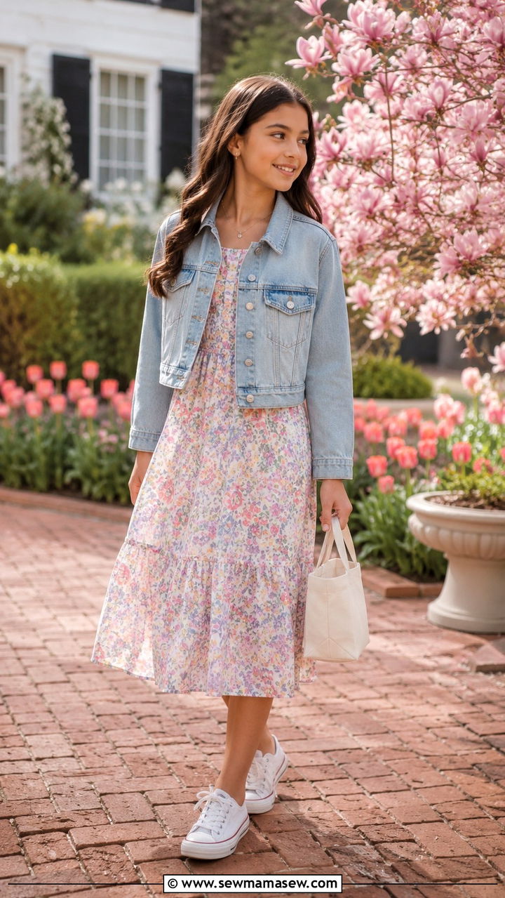Floral midi dress with denim jacket and white sneakers - 30 Spring outfits for tweens