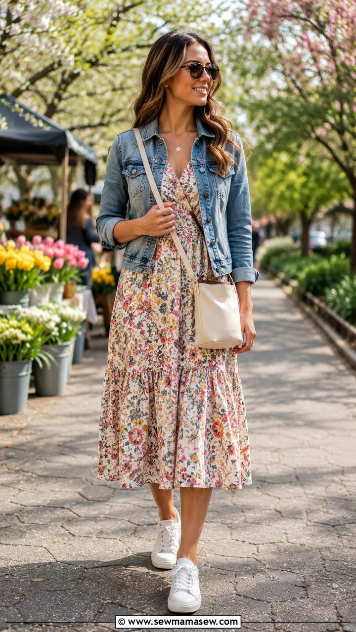 Floral midi dress with denim jacket and white sneakers - 30 Spring outfits with midi dresses