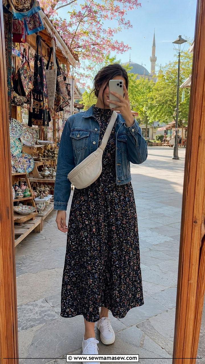 Floral midi dress with denim jacket outfit - 20 Modest outfit ideas for Turkey