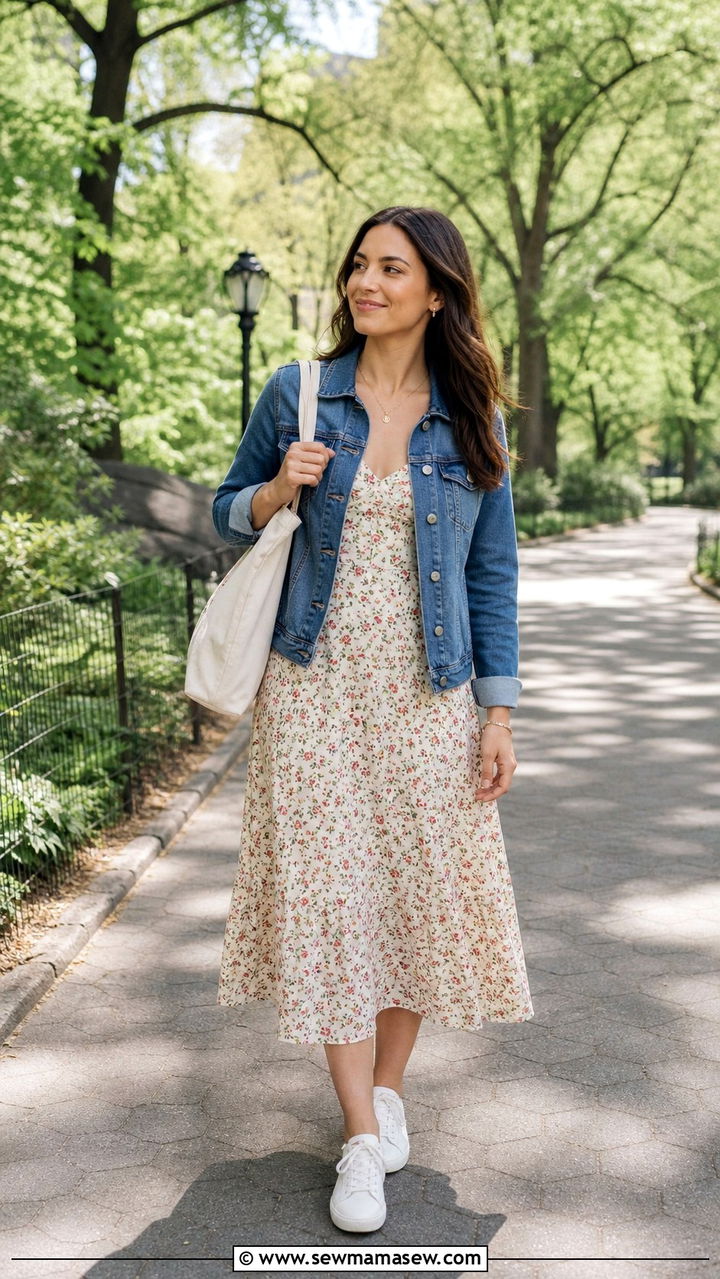 Floral midi dress with denim jacket outfit NYC - 40 What to wear in New York