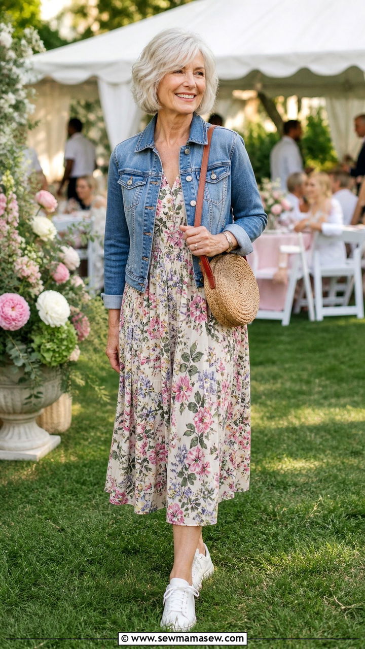 Floral midi dress with denim jacket outfit for women over 60 - 40 How to dress in your 60s